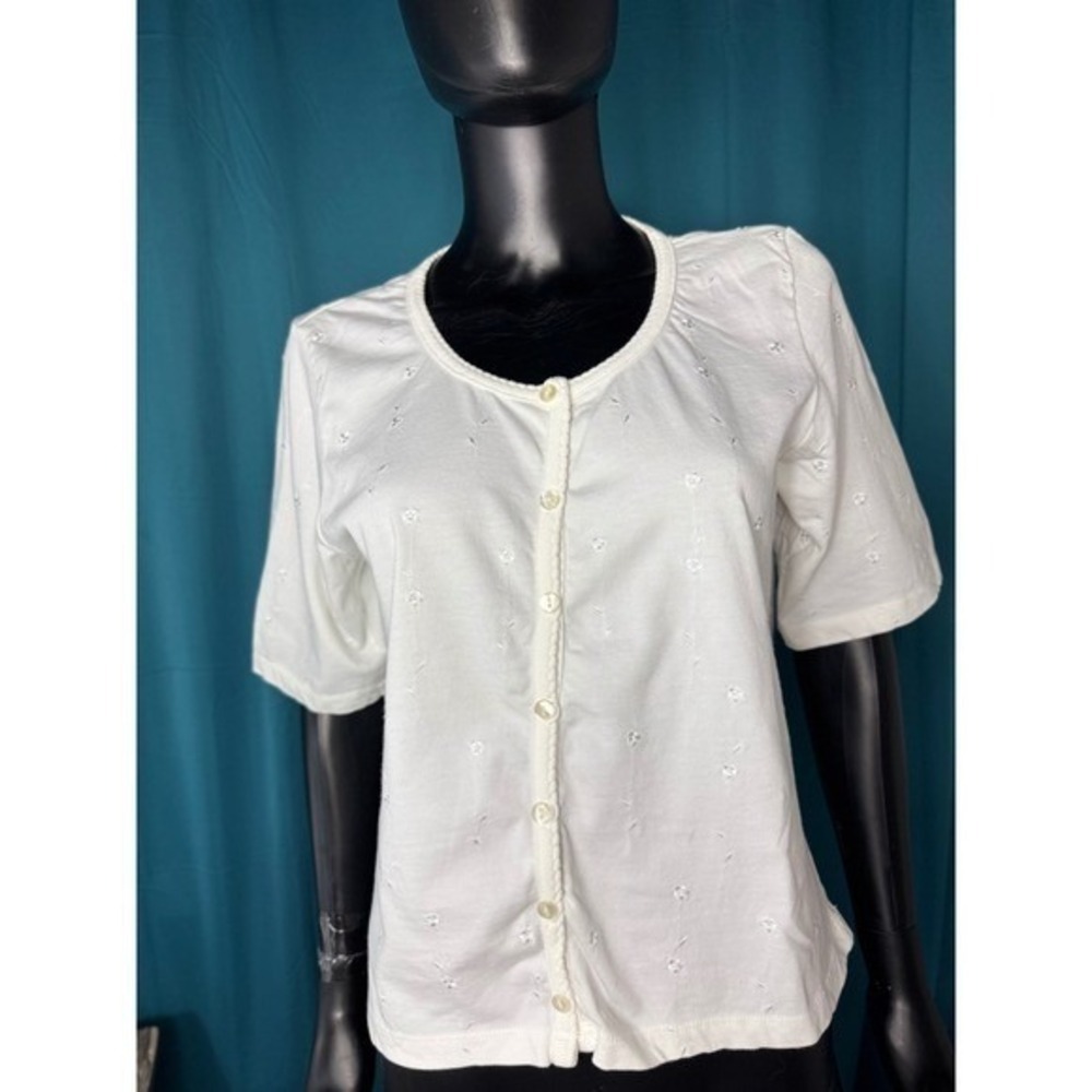 Liz Claiborne Lizsport White Cotton Floral Eyelet Short Sleeve Cardigan Large